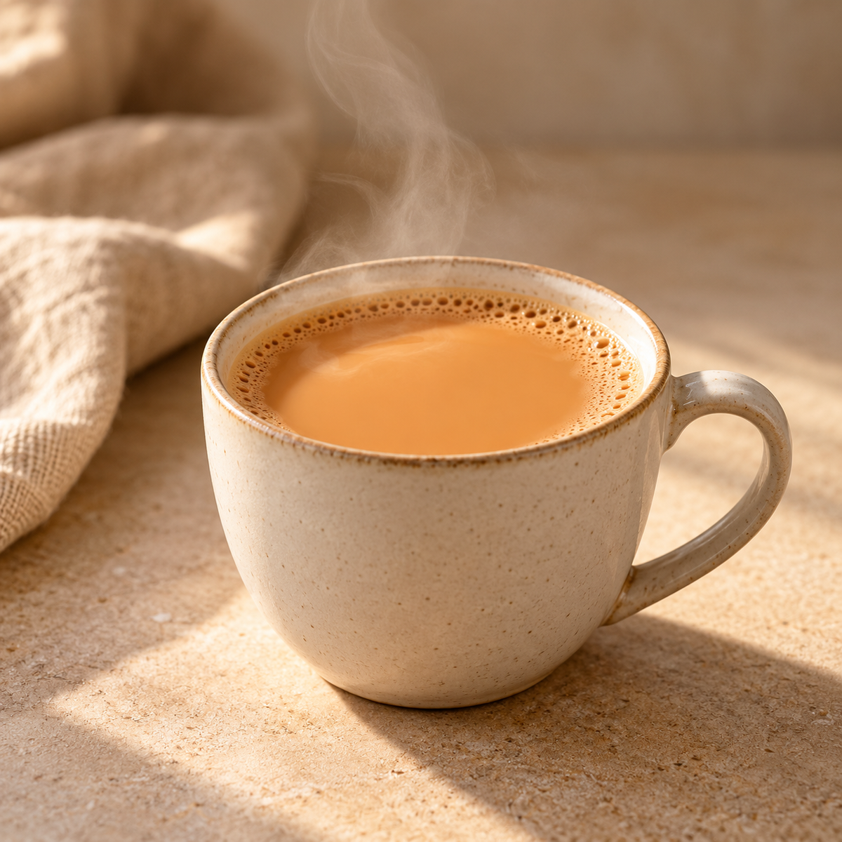 Steaming cup of plain karak chai